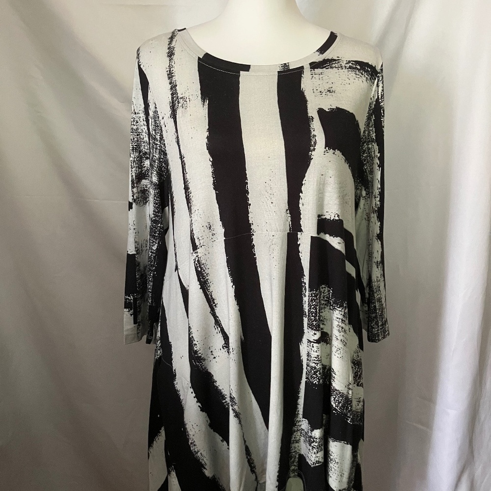 ALEMBIKA Black and White Brush Stroke Print High Low Tunic Dress